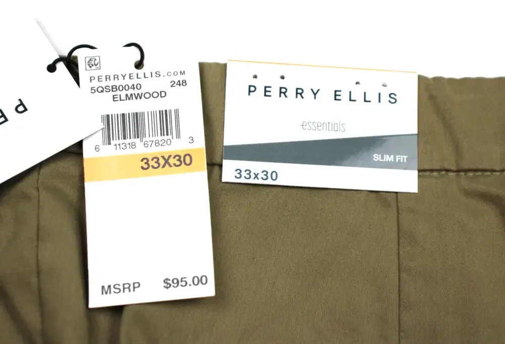 Perry Ellis Portfolio Essentials Pants Mens 33x30 Khaki Slim Fit Stretch Chino